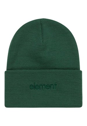 Gorro de punto verde con diseño de puño y logo bordado "element". Textura suave y ajuste ceñido, ideal para climas fríos.