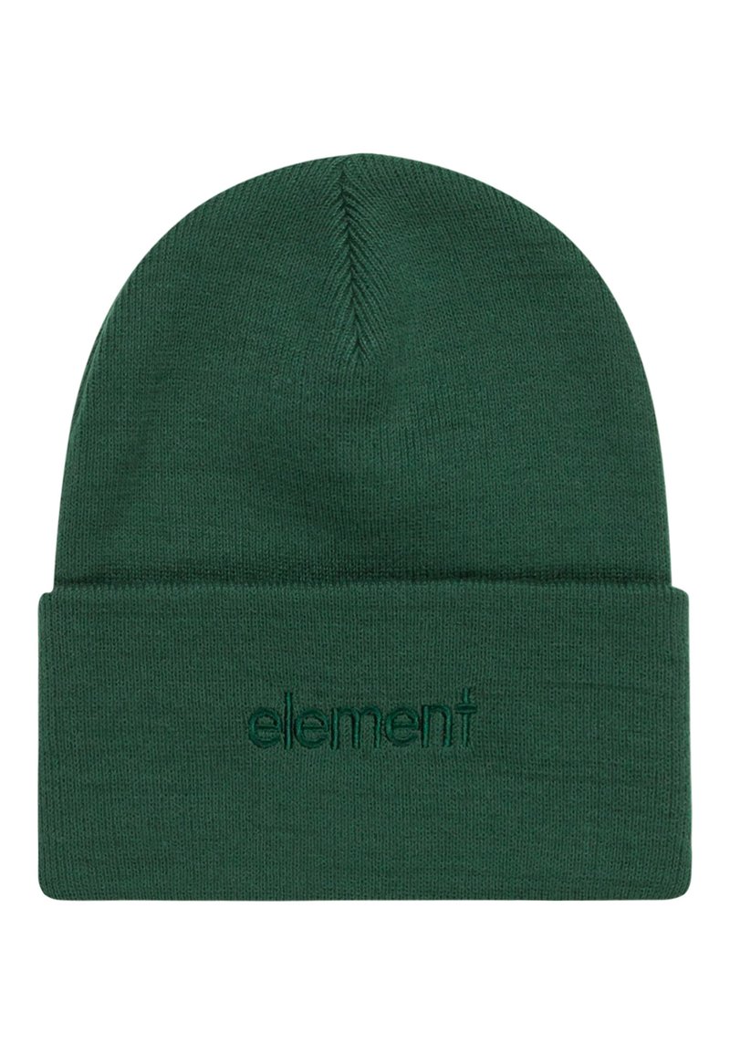 Beanie verde lavorato a maglia con design a risvolto e logo "element" ricamato. Texture liscia con una vestibilità aderente, adatta per il clima freddo.