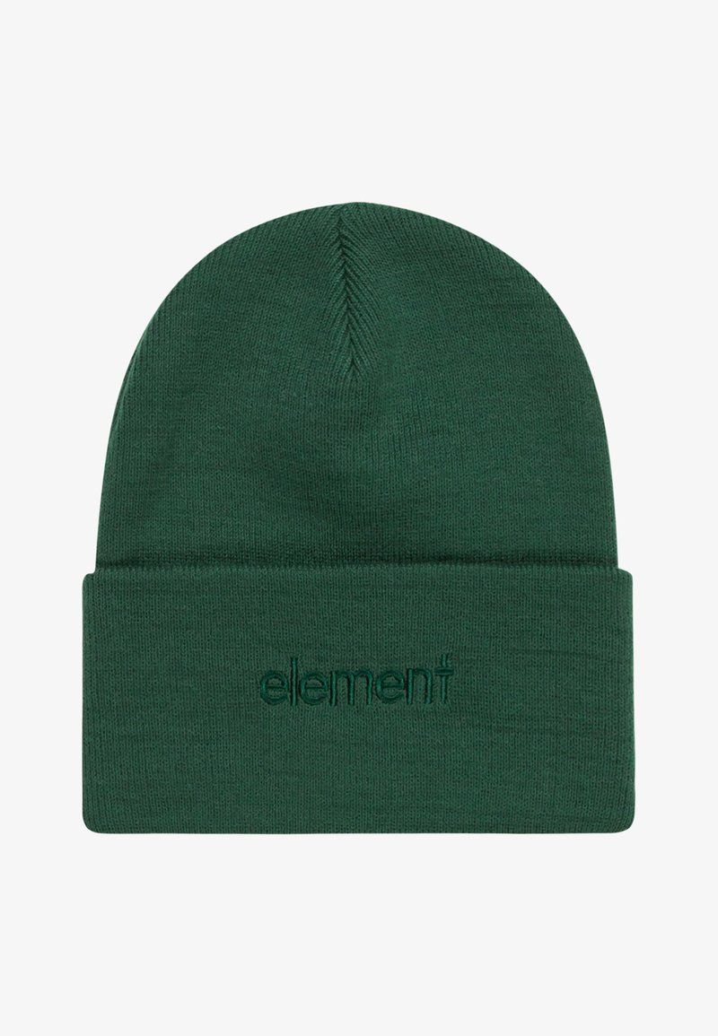 Zelená pletená čepice s ohrnutým designem a vyšitým logem "element". Hladká textura s příjemným střihem vhodná pro chladnější počasí.