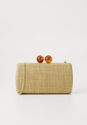 Rectangular beige woven clutch with a silver chain strap and two round amber-colored clasp closures on top.