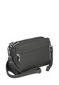 Graue Leder-Umhängetasche mit strukturierter Oberfläche, zwei Reißverschlussfächern und verstellbarem Riemen. Mit silberfarbenen Hardwareakzenten.