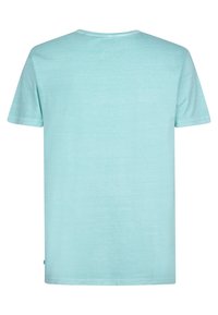 T-shirt in cotone turchese chiaro con maniche corte, colletto a girocollo e una texture liscia. Nessun motivo visibile o dettagli in metallo.