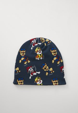 Beanie in navy fabric featuring cartoon dog characters in various colors and outfits. Soft texture with elastic shape for comfort and fit.