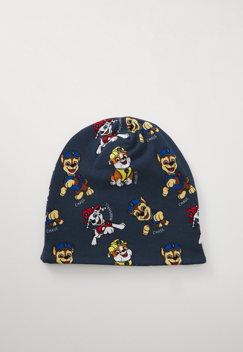 Navy stoffen beanie met cartoonhondpersonages in verschillende kleuren en outfits. Zachte textuur met elastische vorm voor comfort en een goede pasvorm.