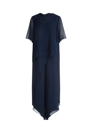 Marineblaues Kleid mit kurzen, transparenten Ärmeln, einem geschichteten Design und einem V-Ausschnitt. Der Saum hat einen leicht asymmetrischen Schnitt. Mit Reißverschluss am Rücken.