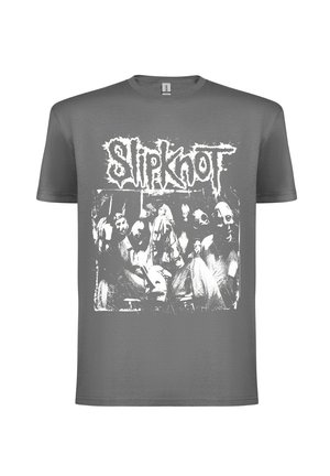 Grijze T-shirt met een verouderde witte grafische print van bandleden in maskers, met boven de bandnaam "Slipknot" in vette letters.