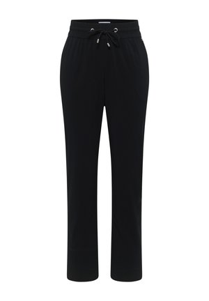 Sorte bukser med lige ben, elastisk talje og snøring, designet til afslappet eller atletisk brug.