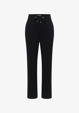 Černé kalhoty s rovnými nohavicemi, elastickým pasem a stažením na šňůrku, navržené pro běžné nebo sportovní nošení.