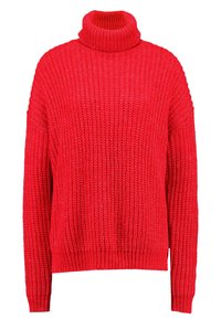 Röd stickad tröja med hög polokrage, med en lös passform, ribbade ärmslut och nederkant. Tillverkad av strukturerad garn för värme.