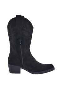 Botas de cowboy de ante negras con intrincados bordados laterales, puntera curva y tacón bajo en bloque; cierre lateral de cremallera para facilitar su uso.