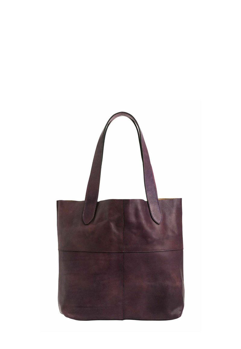 Sac en cuir violet foncé avec une texture lisse, poignées arrondies et une forme structurée, présentant une couture au centre pour plus de détail.