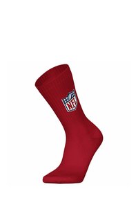 Calcetín de algodón rojo de corte clásico con textura acanalada y logo de la NFL en azul, blanco y rojo. Punta redondeada y color sólido en toda la superficie.