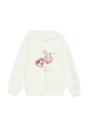 Weißes Kapuzensweatshirt mit herzförmigen Medaillons, die einen Hund und ein Mädchen zeigen, mit Text "Bestie" und einer Liebesnachricht unter den Bildern.