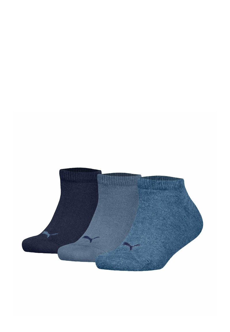 Drie paar enkelsokken in navy en blauwtinten. Het materiaal heeft een ribbelstructuur en een geborduurd logo in een contrasterende kleur.