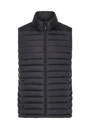 Crna podstavljena prsluk s visokim ovratnikom, zatvaračem na patentni zatvarač, horizontalnim šavovima i glatkom teksturom. Lagana i dizajnirana za toplinu.