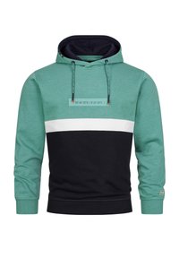 Felpa con cappuccio in verde menta e blu navy, con una striscia orizzontale bianca. Presenta cordini e una grafica stampata sul petto.