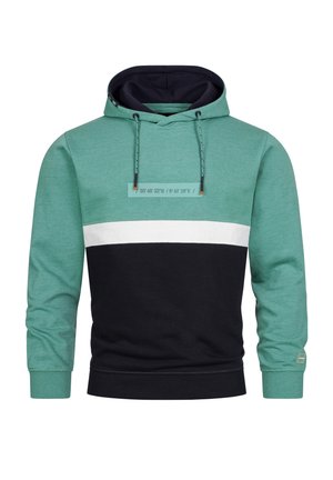 Sudadera con capucha en verde menta y azul marino, con una franja horizontal blanca. Presenta cordones y un gráfico impreso en el pecho.
