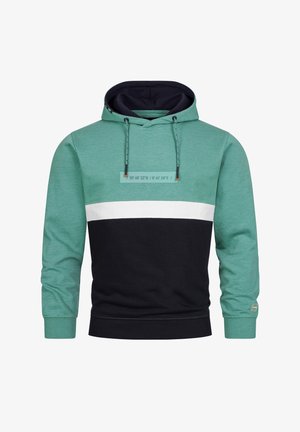 Capuchontrui in mintgroen en marineblauw, met een witte horizontale streep. Bevat trekkoorden en een gedrukt ontwerp op de borst.