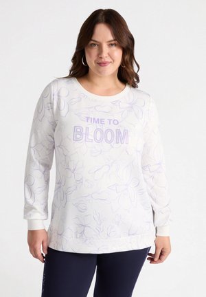 Weißer Langarm-Sweatshirt mit floralem Muster in helllila, mit dem Text "ZEIT ZU BLÜHEN" in fetten Buchstaben. Weicher Stoff.
