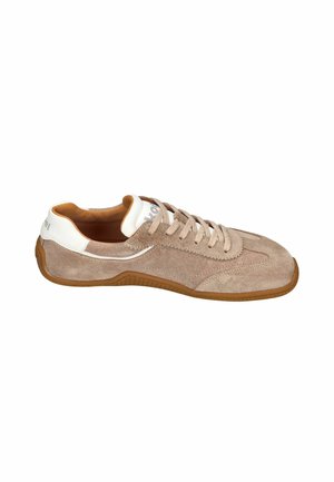 Beige suede sneaker with white leather heel patch, tan rubber sole, and matching beige laces, shown from the side on a white background.