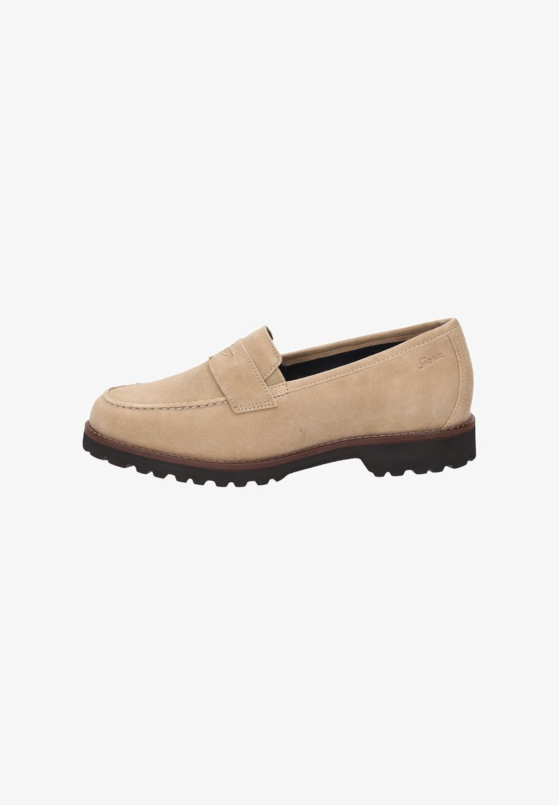 Beige suède loafers met een ronde neus, decoratieve band en een textuur van rubberen zool met kleine loopprofielen voor grip.