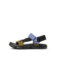 Black sandals with blue and olive green straps, featuring a textured sole and adjustable hook-and-loop fasteners for comfort and fit.