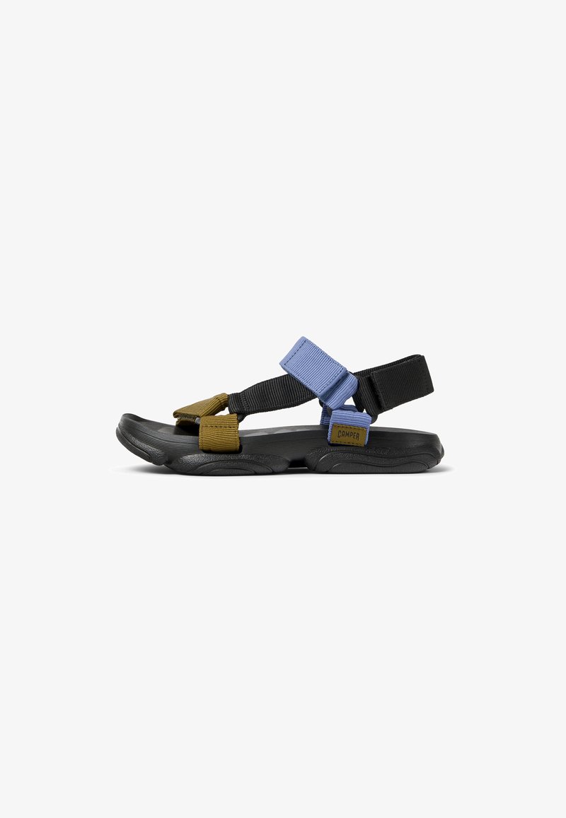 Sandali neri con cinghie blu e verde oliva, dotati di suola testurizzata e chiusure regolabili in velcro per comfort e vestibilità.