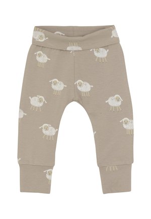Beige Babyhosen mit elastischem Bund, versehen mit einem Muster aus weißen, lächelnden Schafen mit beigen Beinen und Gesichtern.
