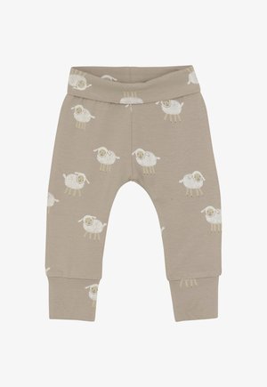 Beige baby pants with elastic waistband, featuring a pattern of white smiling sheep with beige legs and faces.