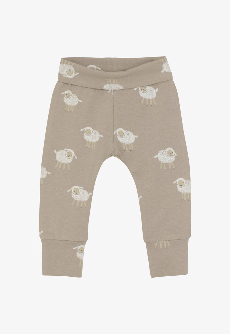 Beige babybroek met elastische tailleband, met een patroon van witte lachende schapen met beige poten en gezichten.