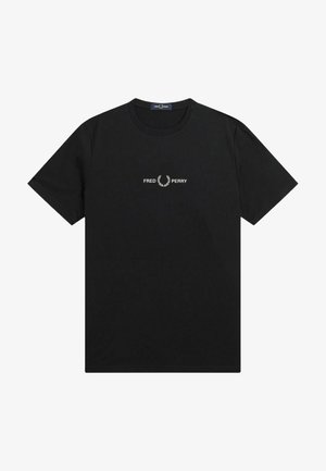 T-shirt nera in cotone con collo rotondo e maniche corte, decorata con un logo ricamato in bianco "FRED PERRY" e un design di alloro sul petto.