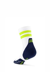 Calze bianche con due grandi strisce giallo fluorescente nella parte superiore; tallone e punta in blu navy con trama antiscivolo.