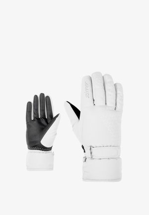 Weiße und schwarze Handschuhe mit einer strukturierten Griffigkeit, isoliertem Bündchen und verstellbarem Riemen. Sie verfügen über dreieckige Muster auf dem weißen Stoff.