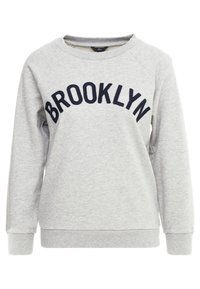 Šedá mikina z měkkého materiálu se sponou "BROOKLYN" v námořnických blokových písmenech přes hrudník. Klasický kulatý výstřih a žebrované manžety.