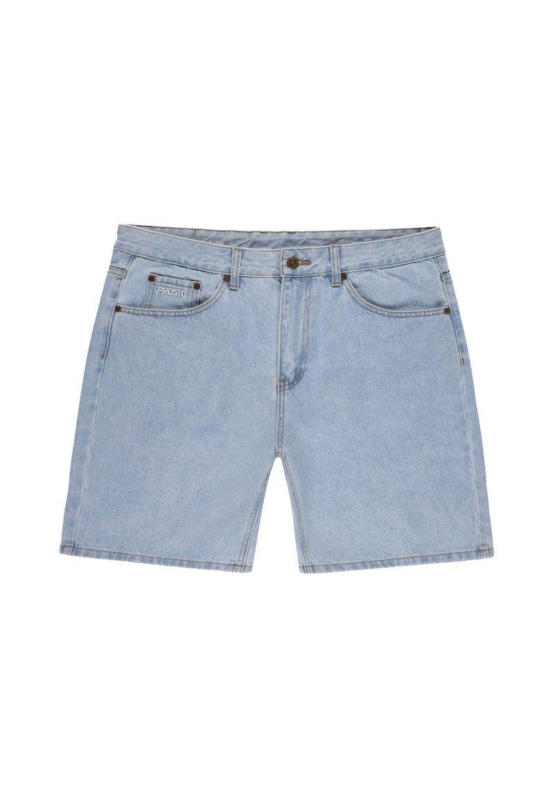 Jasnoniebieskie szorty dżinsowe o prostym kroju, pięć kieszeni, z zapięciem na guzik. Charakteryzują się ciemnym przeszyciem i małą naszywką z logo.