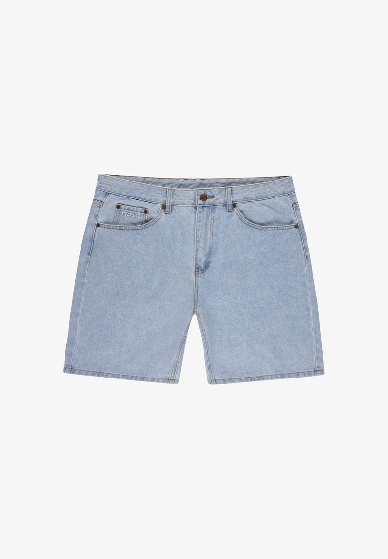 Jasnoniebieskie szorty dżinsowe o prostym kroju, pięć kieszeni, z zapięciem na guzik. Charakteryzują się ciemnym przeszyciem i małą naszywką z logo.