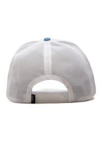 White mesh baseball cap with a blue accent on the top button and a plastic adjustable strap at the back. Textured mesh material.