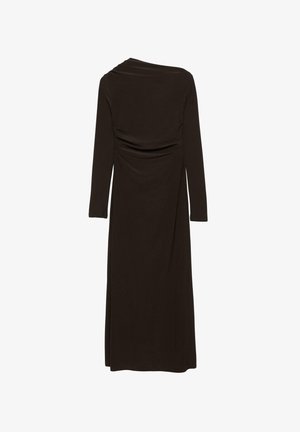 Langärmliges, dunkelbraunes Kleid mit drapiertem Ausschnitt und Raffungsdetail am Rücken. Glatter, dehnbarer Stoff mit lockerer Passform.
