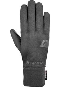Black, long-fitting glove made of stretchy fabric with a textured surface. Features a Polartec logo on the wrist and subtle branding detail.