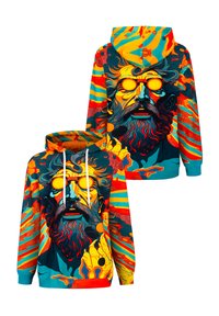 Bunte Kapuzenjacke mit einem grafischen Design eines bärtigen Mannes mit Sonnenbrille. Hergestellt aus Baumwolle, hat sie eine geräumige Kapuze und Fronttaschen.