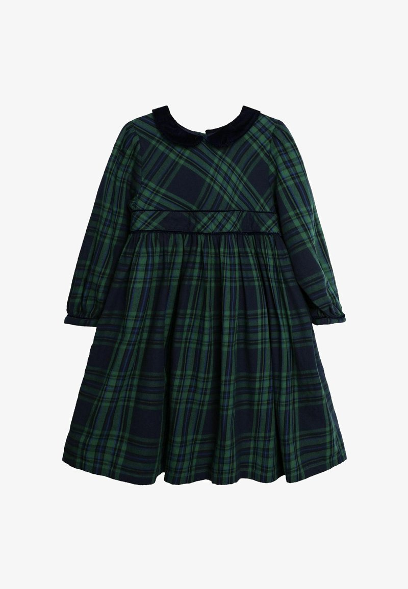 Kára v tmavě zelené a námořnické barvě s dlouhými rukávy, kulatým sametovým límcem a přiléhavým pasem, který přechází do rozšířené sukně.