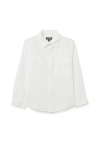 Witte lange mouwen shirt van een lichte stof, met een knoopsluiting aan de voorkant, twee borstzakken en een klassieke kraag.