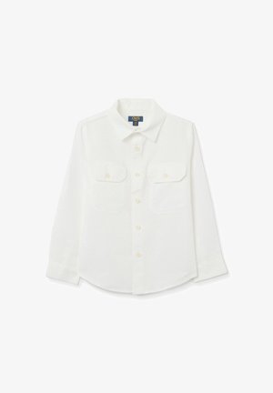 Wit shirt met lange mouwen, gemaakt van lichtgewicht stof, voorzien van een kraag, knoopsluiting aan de voorkant en twee borstzakken met knoopkleppen.