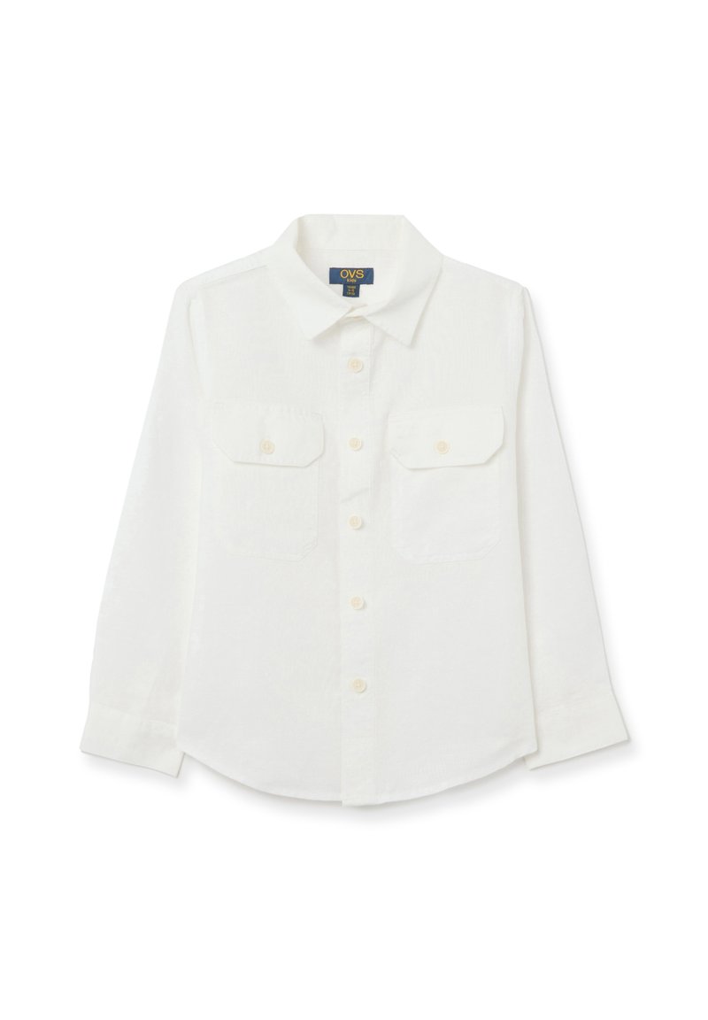 Witte lange mouwen shirt van een lichte stof, met een knoopsluiting aan de voorkant, twee borstzakken en een klassieke kraag.
