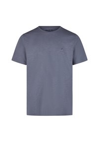 Camiseta gris de manga corta en una tela suave y texturizada con cuello redondo. Presenta un pequeño logotipo de palmera en el lado izquierdo del pecho.