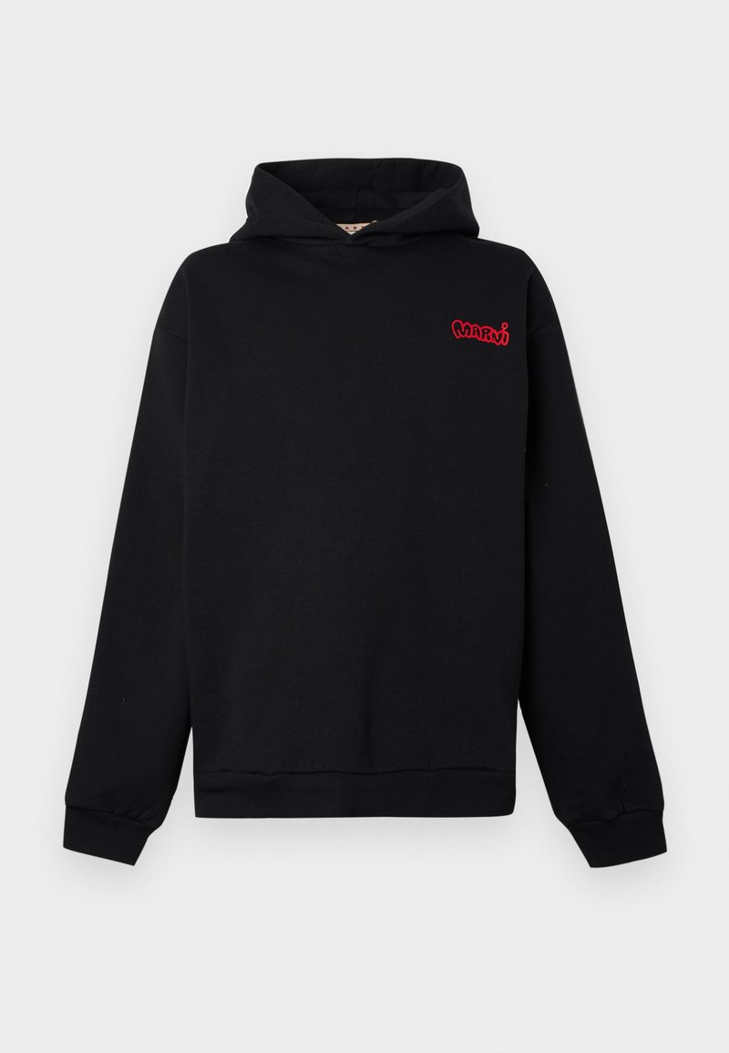 Black hooded sweatshirt made of cotton, featuring long sleeves, a kangaroo pocket, and a red embroidered logo on the chest.