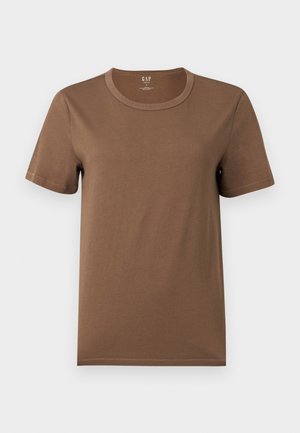 Καφέ βαμβακερό T-shirt με κοντά μανίκια και στρογγυλή λαιμόκοψη, απλό σχέδιο και λογότυπο GAP μέσα στον γιακά.