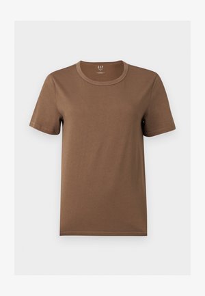 Καφέ βαμβακερό T-shirt με κοντά μανίκια και στρογγυλή λαιμόκοψη, απλό σχέδιο και λογότυπο GAP μέσα στον γιακά.