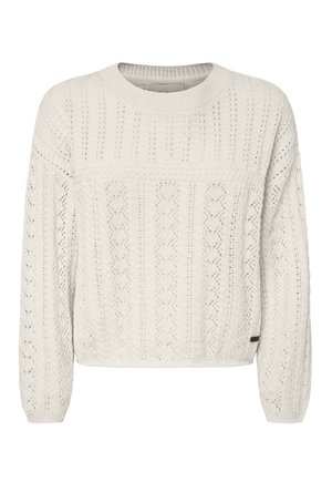 Cremfarbener Strickpullover mit einem strukturierten Muster, Rundhalsausschnitt und langen Ärmeln. Normale Passform mit dekorativem Saum.