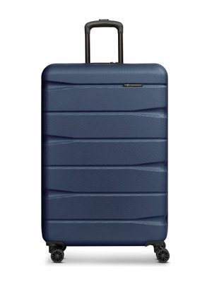 Marineblauer Hartschalenkoffer mit strukturierter Oberfläche, Teleskopgriff und vier Drehrollen.